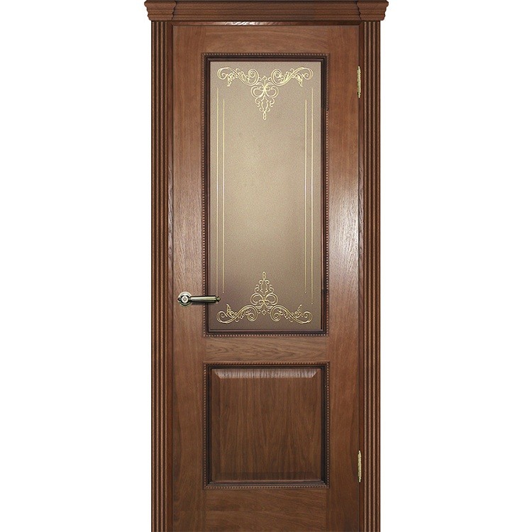 Дверь межкомнатная Текона Фрейм 02 Дуб натуральный стекло витраж контурный золотой №3 бронза 2000х900 мм