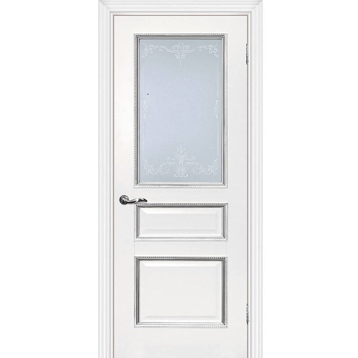 Дверь межкомнатная Мариам Мурано-2 экошпон белое багет с тиснением патина серебро стекло сатинат серебро 2000х700 мм