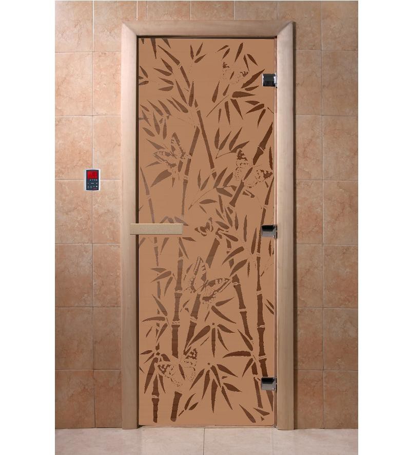 Дверь для сауны стеклянная Doorwood DW00057 Бамбук и бабочки бронза матовая 700х1900 мм