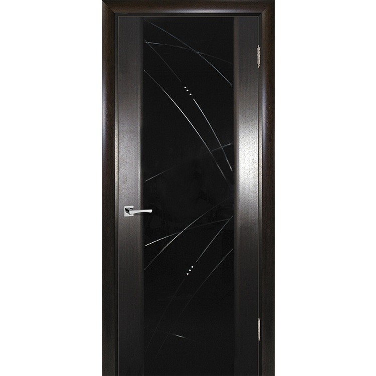 Дверь межкомнатная Текона Страто 02 шпон Черный дуб тонированный стекло черный триплекс гравировка Роса левая 2000х900 мм