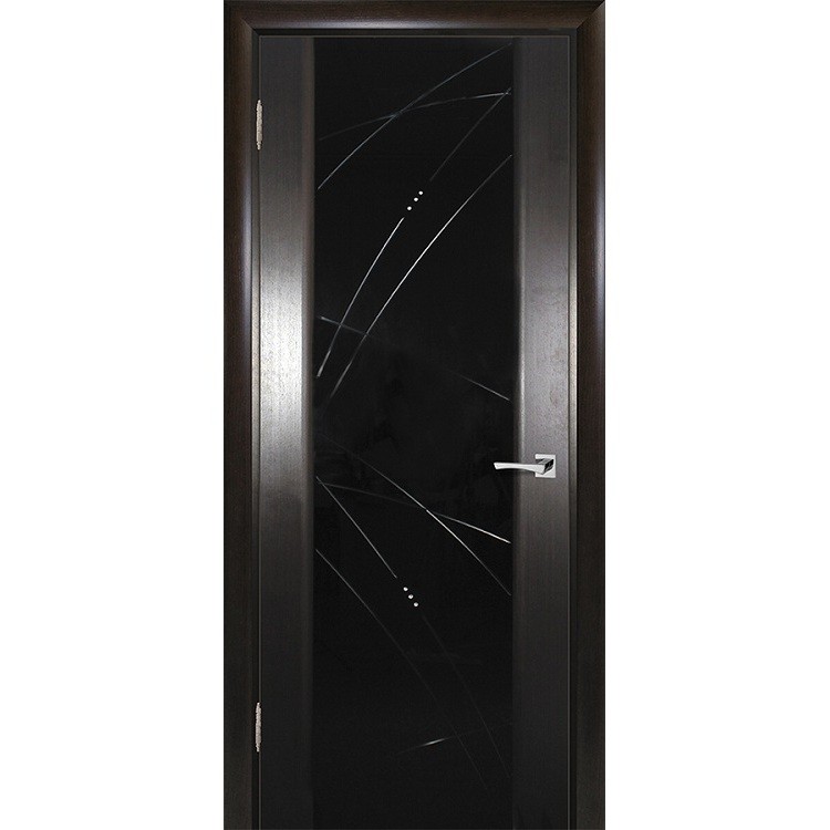 Дверь межкомнатная Текона Страто 02 шпон Черный дуб тонированный стекло черный триплекс гравировка Роса левая 2000х700 мм