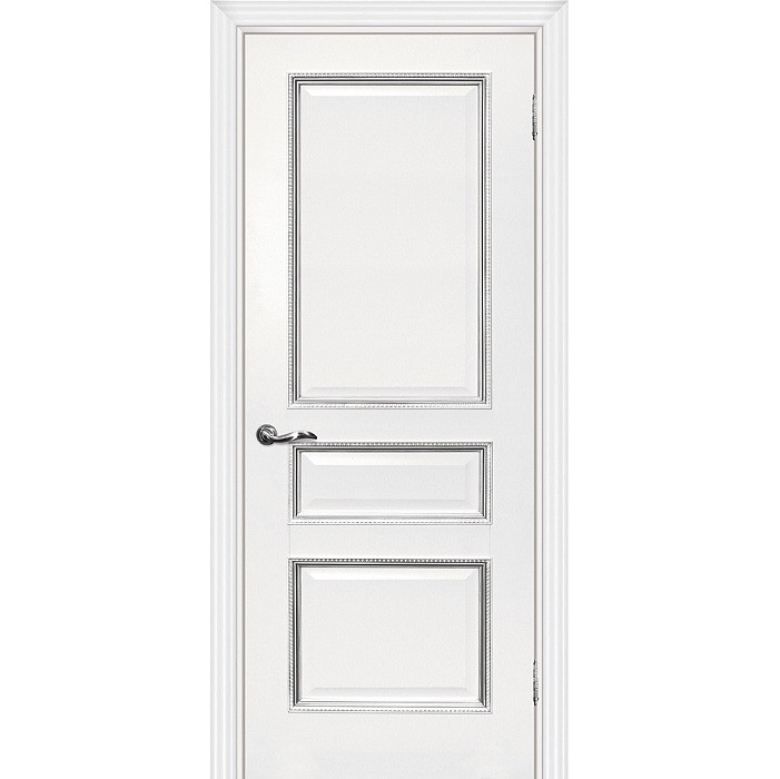 Дверь межкомнатная Мариам Мурано-2 экошпон белое багет с тиснением патина серебро стекло сатинат серебро 2000х600 мм