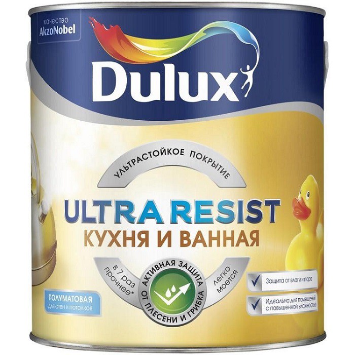 Краска Dulux Ultra Resist для кухни и ванной база BW полуматовая 2,5 л